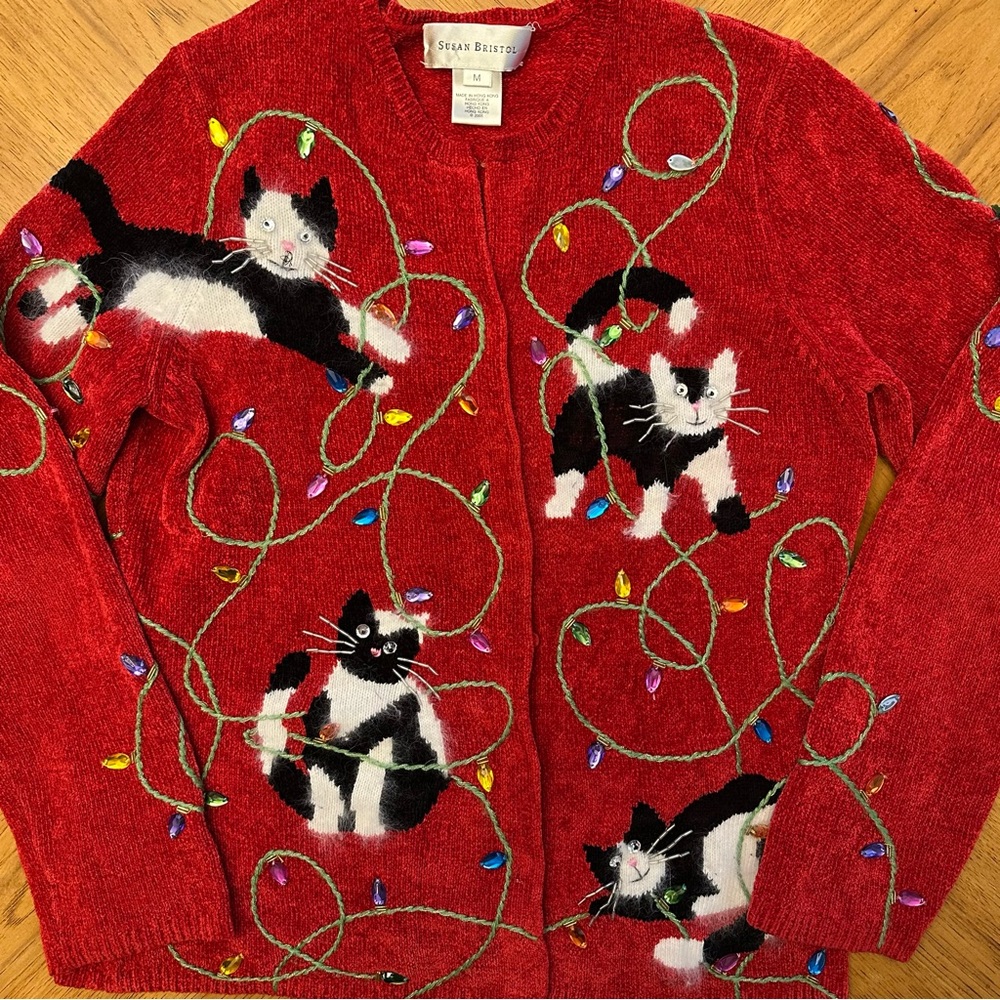 Vintage Susan Bristol Sweater Cats Christmas Cardigan Button Up Women’s Medium - Picture 5 of 12